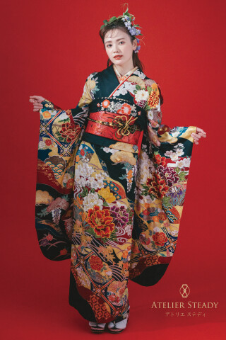黒地 道長取天井桶牡丹_振袖_55200