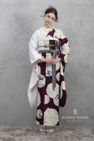 玉城ティナ×紅一点 丸紋×小花 ワイン_振袖_65639