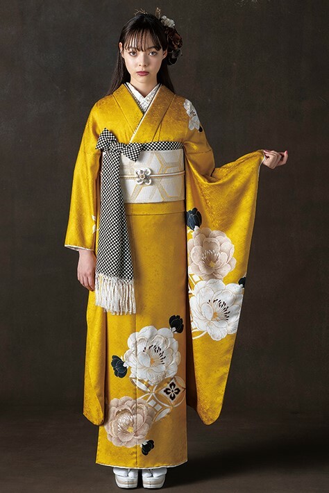 まき乃呉服店の振袖 /黄色/白色/レトロ/椿柄/ 振袖 | My振袖