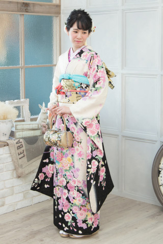 セゾンふりそで館の振袖 /緑色/ピンク色/古典/桜柄/ 03716 うぐいす