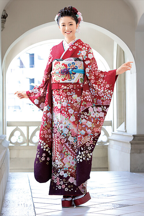 振り袖 桜柄 赤、朱色