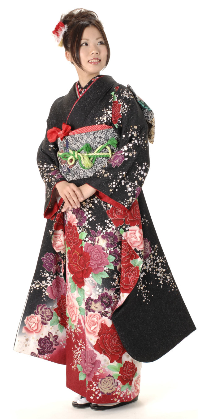 糸美屋呉服店の振袖 /黒色/赤色/グラマラス/バラ柄/ 【レンタル