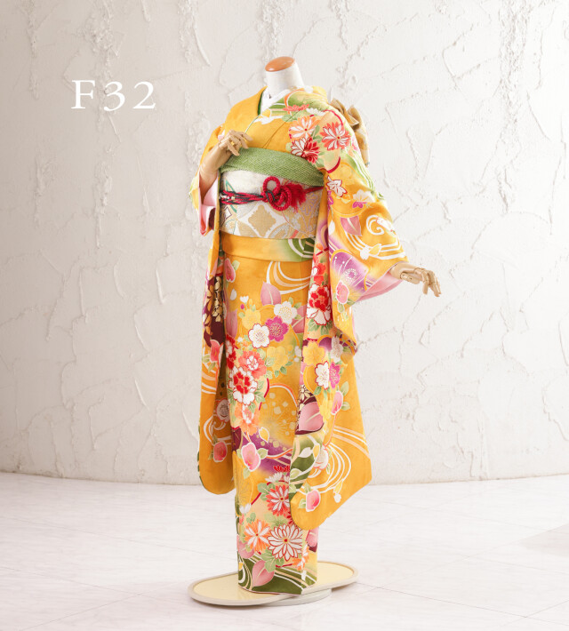 フォトコザカの振袖 /黄色/緑色/古典/椿柄/ F32-19 | My振袖