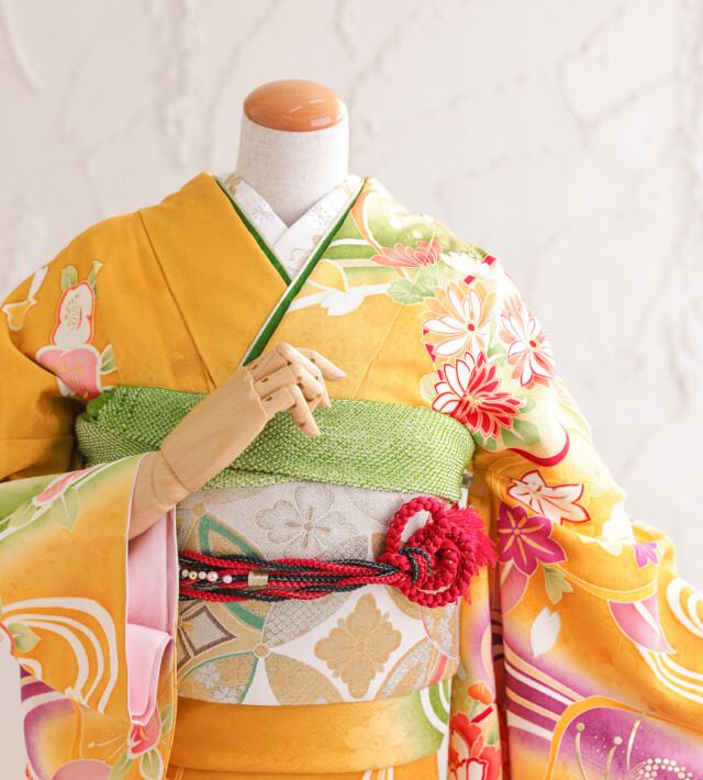 フォトコザカの振袖 /黄色/緑色/古典/椿柄/ F32-19 | My振袖