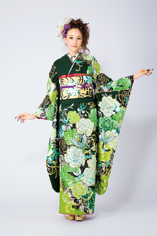 きもの心おがた大洲店の振袖 /緑色/グラマラス/バラ柄/ レンタル ML203