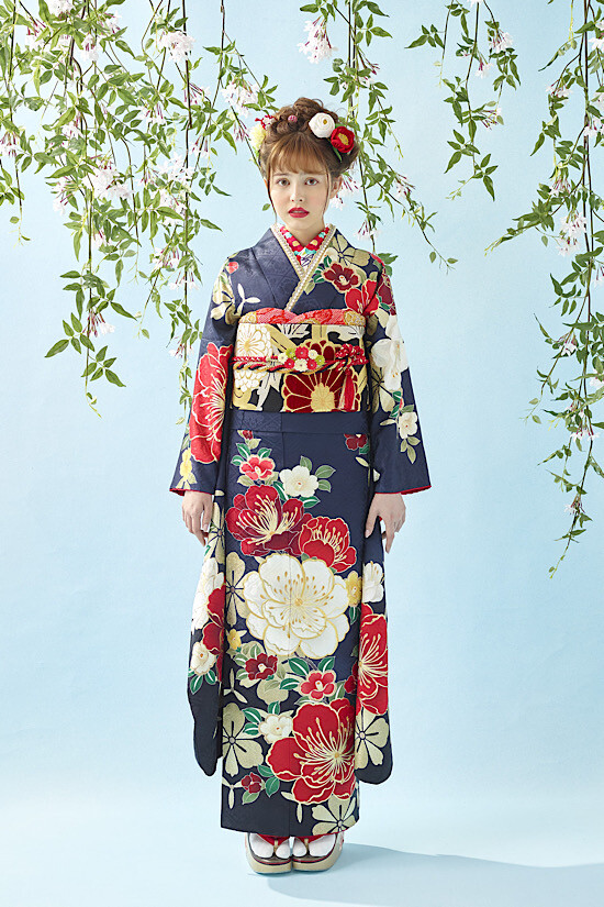 たいむ★振袖セット きもの心おがた大洲店の振袖 /紺色/紺色/レトロ/椿柄/ レンタル 3L354