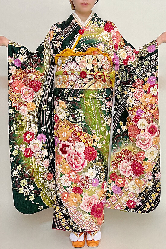 レンタルコスチュームみつもとの振袖 /緑色/古典/花柄/ グリーン辻ケ花