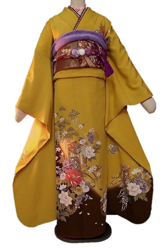 古楽屋の振袖 /黄色/茶色/古典/車柄/ A-8 | My振袖