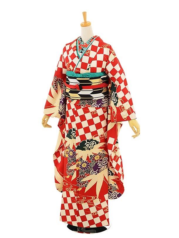 フォトスタジオ感写スタイルの振袖 /ベージュ色/赤色/レトロ/市松柄