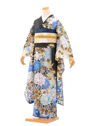 夏振袖 黒ﾌﾞﾙｰ牡丹_振袖_54939