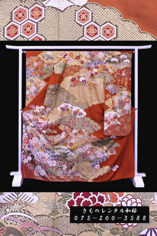 【F-26】　オレンジ・茶系/アンティーク/雲取りに四季の花草_振袖_59307