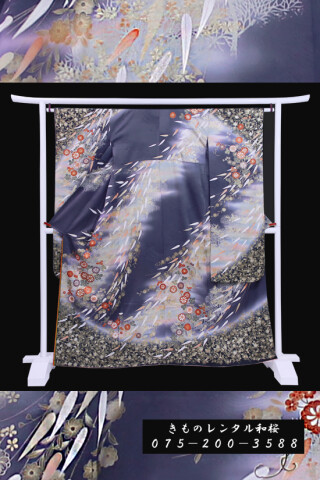 【F-10】　紺/アンティーク/菊・羽根_振袖_59566 | きものレンタル和桜