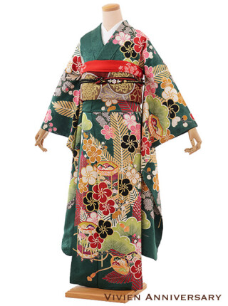 正絹　kansai　梅と貝合わせ柄　グリーン_振袖_56644