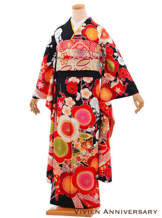 正絹　JAPANSTYLE×ちはやふる黒地赤梅_振袖_56681