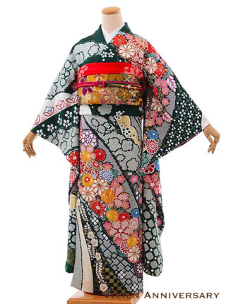 正絹　グリーン地絞り熨斗に花刺繍_振袖_56682
