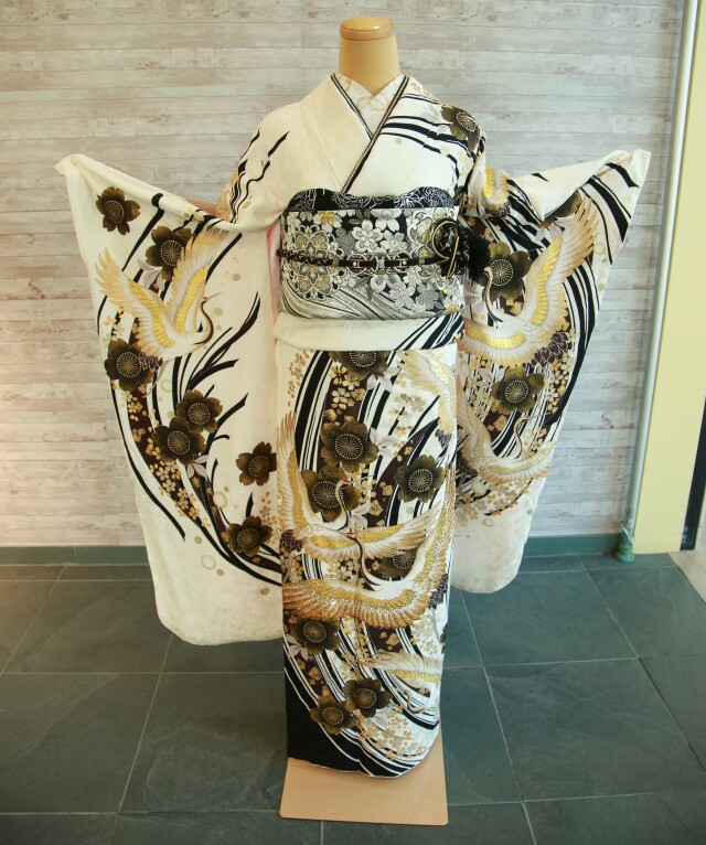 MaL　 美しい振袖セット 鶴と花のデザイン シンプル レトロ 白/水色(ブルー) 鶴柄 人気 個性的 おしゃれ