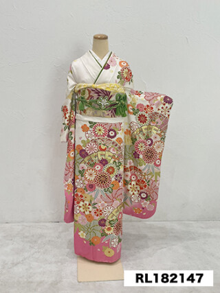 美品　正絹お振袖　Mサイズ　伝統古典　扇面 正絹振袖 絞り 駒刺繍 扇流水花文 金彩 振袖セット 振袖フル