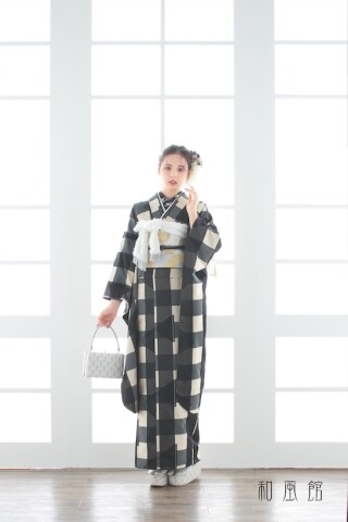 新作格子柄白黒チェックFurisode_振袖_75464