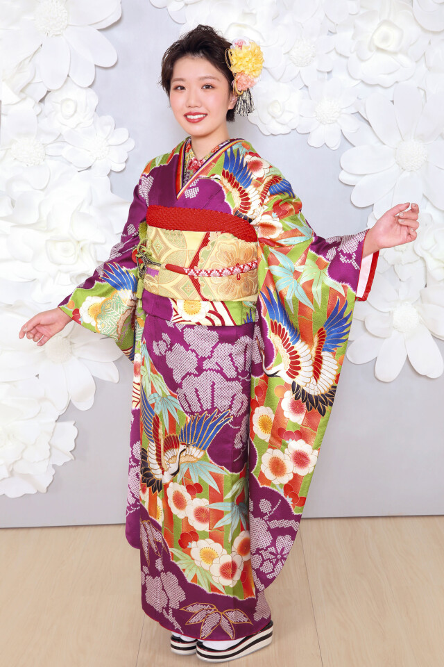 和とりえ 京都北山の振袖 /紫色/緑色/レトロ/松竹梅柄/ 紫緑 笹と鶴
