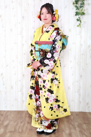 イエロー黒ぼかし花_振袖_63561