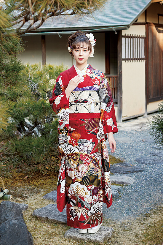 振袖　赤系　牡丹　松竹梅　ねじり梅　古典柄　正絹 楽天市場】【新品】 振袖 着物 未使用 袷 フォーマル 正絹