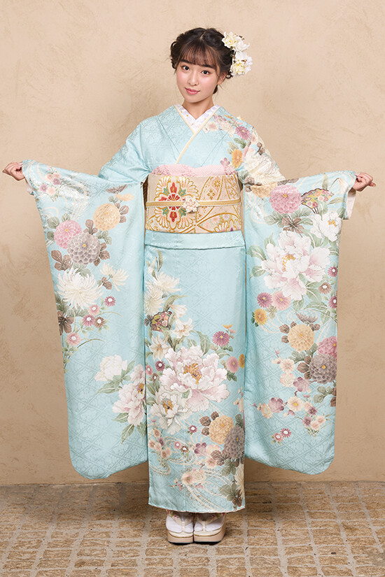 411mh62☆訪問着 呉服店取り扱い ゑり福 一つ紋 ややふくよか☆美品 トキワヤ呉服店の振袖 /水色/エレガント/牡丹柄/ FL-C315 | My振袖