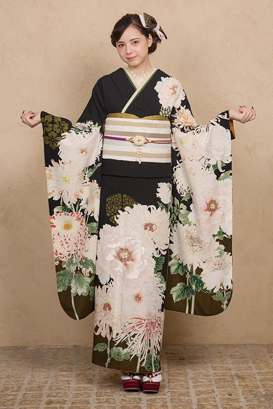 411mh62☆訪問着 呉服店取り扱い ゑり福 一つ紋 ややふくよか☆美品 トキワヤ呉服店の振袖 /黒色/エレガント/花柄/ FL-C106 | My振袖