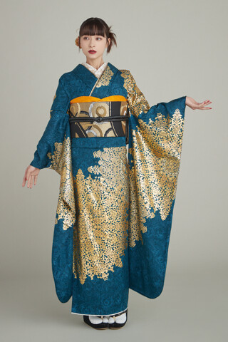 葛西屋呉服店の振袖 /青色/ピンク色/古典/花柄/ 【47 No.C-507】辻が花