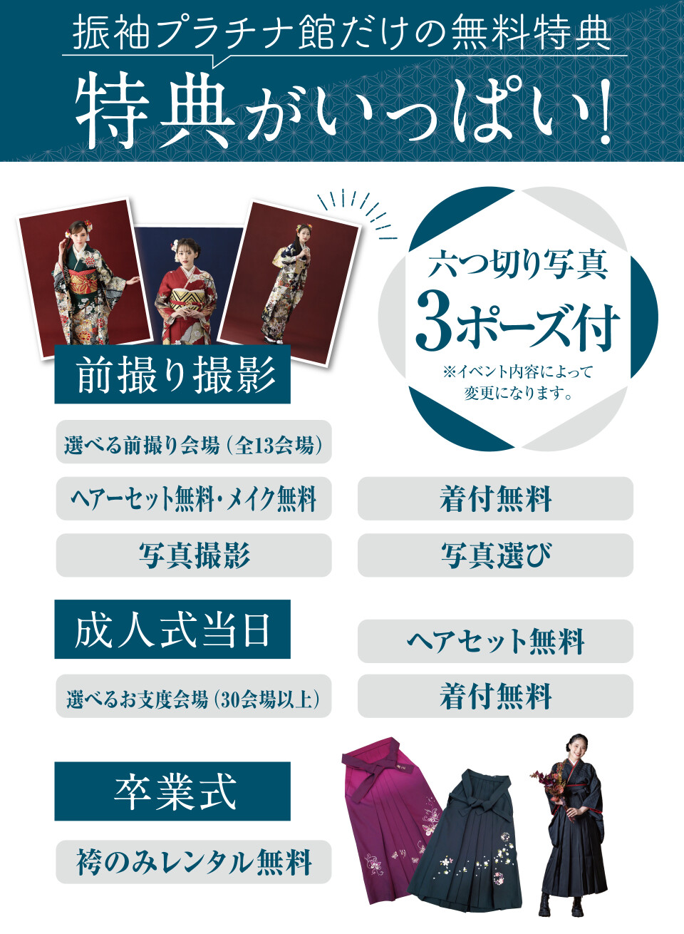 無料特典の案内。前撮りは六つ切り写真3ポーズ付き、全13会場から選択、ヘアメイク・着付・撮影無料。成人式当日は選べるお支度会場30会場以上、ヘアセット・着付無料。さらに卒業式の袴のみレンタルも無料となる豪華特典