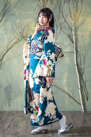 葛西屋呉服店の振袖 /青色/ピンク色/古典/花柄/ 【47 No.C-507】辻が花