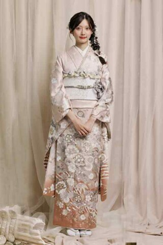 夢楽染かずの明石店の振袖 /ベージュ色/ピンク色/エレガント/花柄