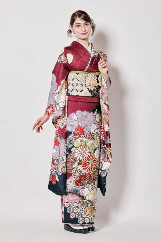 夢楽染かずの明石店の振袖 /その他色/赤色/古典/菊柄/ 【MK-1606】深紅