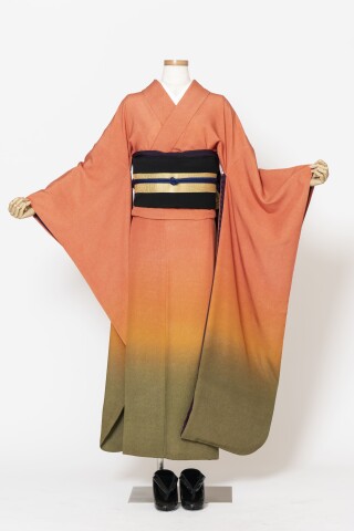 【未使用】振袖 正絹 鶴 オレンジベース 未仕立て 振袖 22点セット「オレンジ×紫 松竹梅桜藤に鶴」仮絵羽