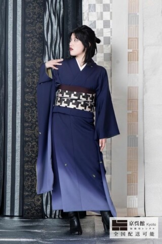 和風館ICHI 京都店の振袖 /紺色/紺色/レトロ/無地柄/ Kimono2718［華