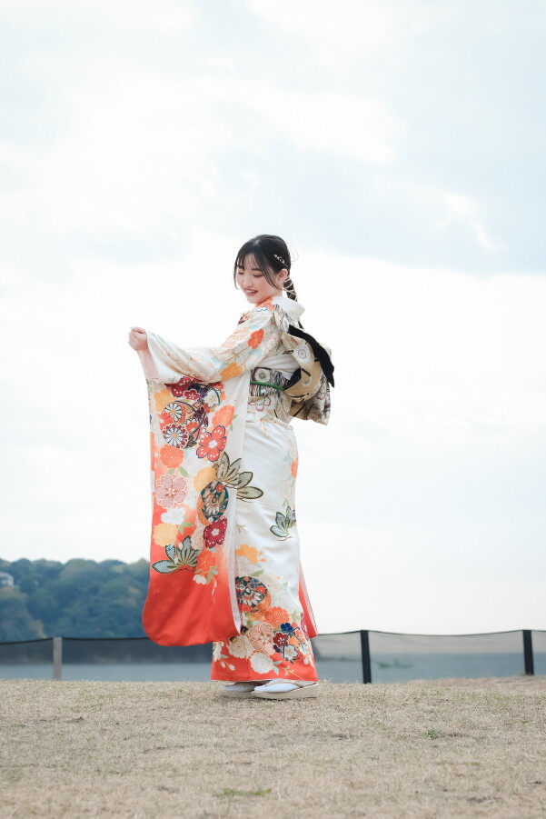 高級 振袖フルセット 成人式 結婚式 前撮り オレンジ 花柄 帯 緑 菊 白