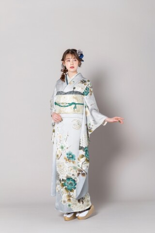 【和】15924o 振袖　金彩　流水に芝と蝶文様　着物 金彩蝶々振袖 正絹 振袖6点セット 成人式