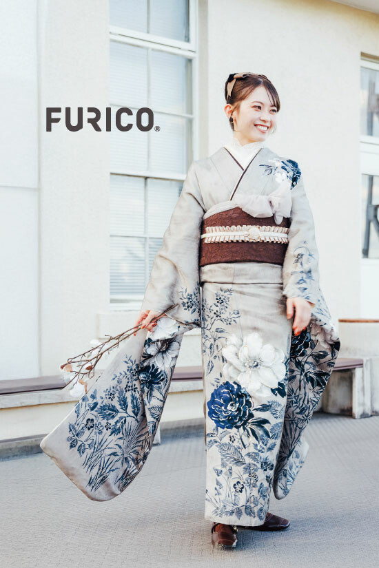 FURICOの振袖 /グレー色/紺色/レトロ/バラ柄/ ブルーグレー×花柄 JILL