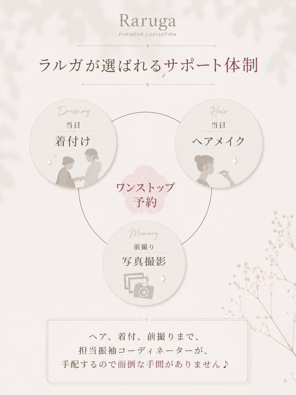 振袖レンタルショップRarugaでは事前準備の相談から髪型や記念撮影も対応しています