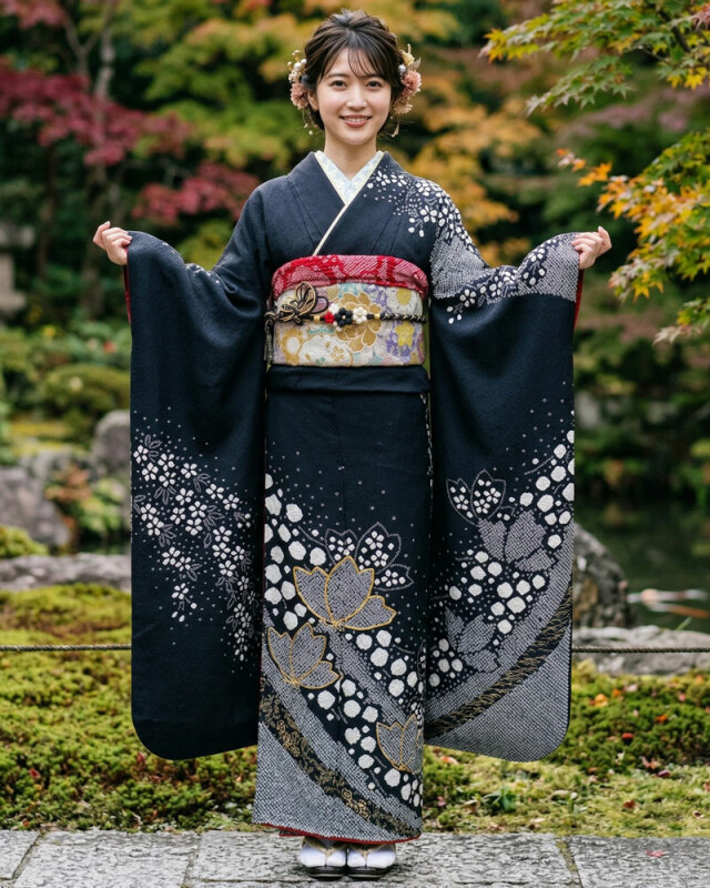 濱上呉服店 金沢店の振袖 /黒色/白色/エレガント/桜柄/ 友禅振袖
