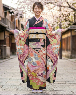 濱上呉服店 金沢店の振袖 /黒色/ピンク色/古典/熨斗柄/ 総絞り振袖
