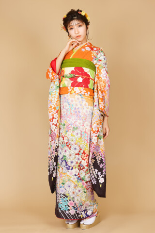 アンヘル福岡本店の振袖 /紺色/オレンジ色/エレガント/牡丹柄/ 假屋崎