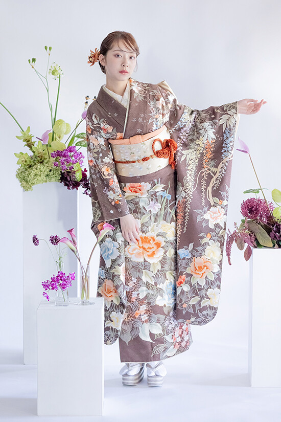 振袖 牡丹 オレンジ 京友禅振袖・橙色・オレンジ かわいい古典