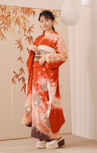 ▽ 振袖 生地 FLORニシノ店の振袖 /緑色/朱色/エレガント/花柄/ 23wF-8 | My振袖