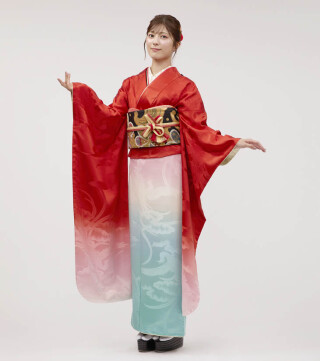 KIMONO KINDの振袖 /赤色/白色/古典/花柄/ 「四君子」京友禅手描き振袖
