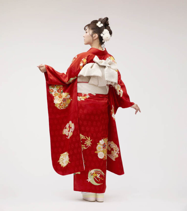 KIMONO KINDの振袖 /赤色/白色/古典/花柄/ 「四君子」京友禅手描き振袖