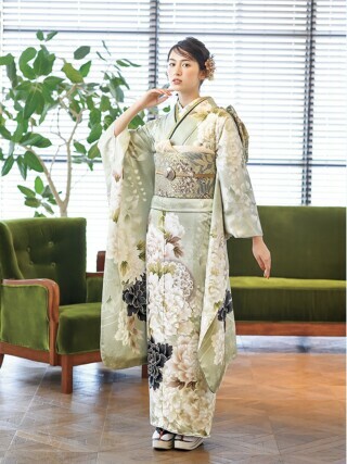 振袖　薄緑　洗える着物　花尽くし　ポリエステル　成人式　u156-2 振袖 薄緑 洗える着物 花尽くし ポリエステル 成人式 u156-2