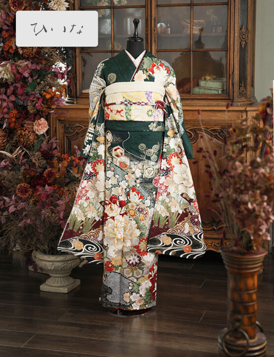振袖　金彩　総絞り　牡丹　菊花　霞取り　着物　015b p らかんスタジオFinelight黒磯店の振袖 /緑色/ゴールド色/古典/牡丹柄